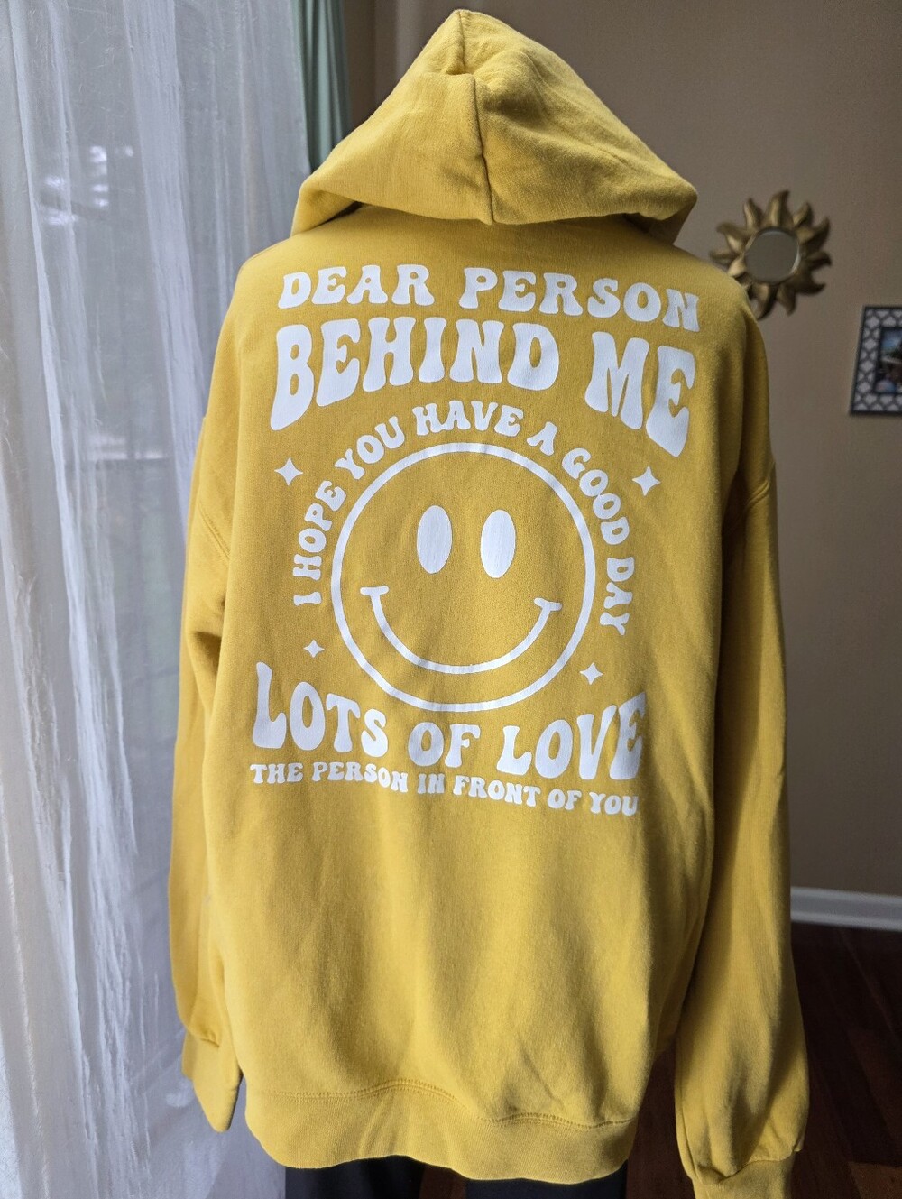 Mustard Yellow Smiley Face Graphic Hoodie Positive Quote Retro Sweatshirt Large
